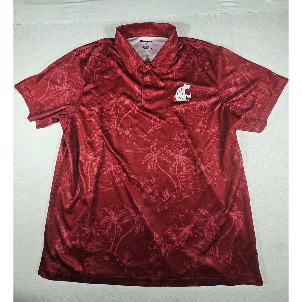 Champion Washington State Cougars WSU Polo Shirt Mens XL Maroon Tropical Print
